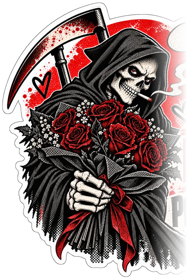 A Morte Cafajeste com um buquê de rosas negras e vermelhas